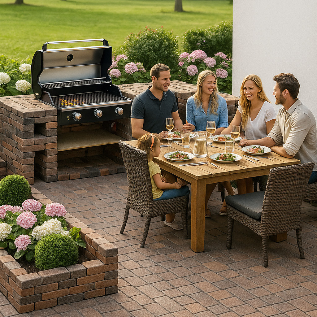 Anwendungsbild Hello Brick Gartenkueche XL und Pflanzbeet Zinnia in rotblaubunt