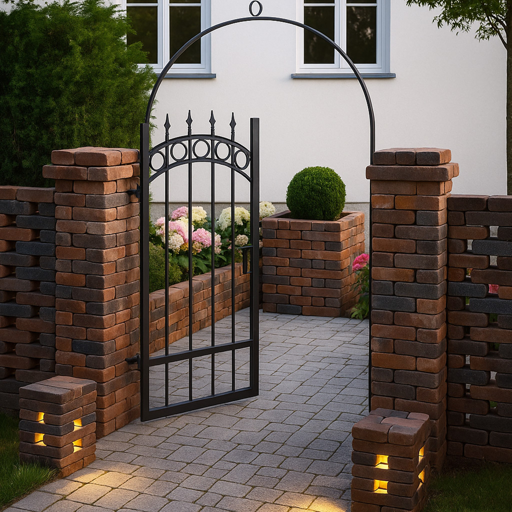 Hello Brick Sichtschutz Brickscreen Säule und Sichtschutz Brickscreen in rotblaubunt vor Hauseingang am Abend