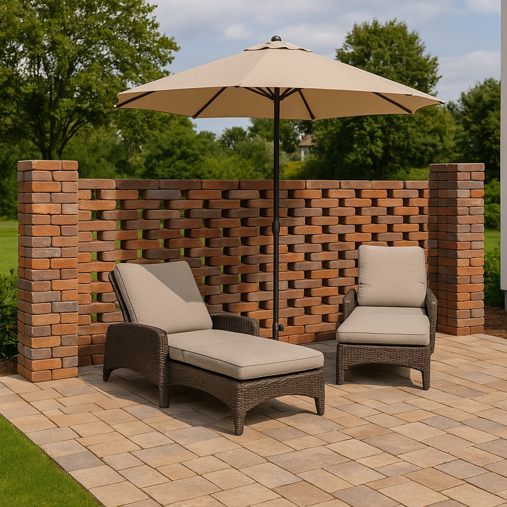 Hello Brick Sichtschutz Brickscreen Säule und Sichtschutz Brickscreen auf einer Terrasse mit Liegen in rotblaubunt
