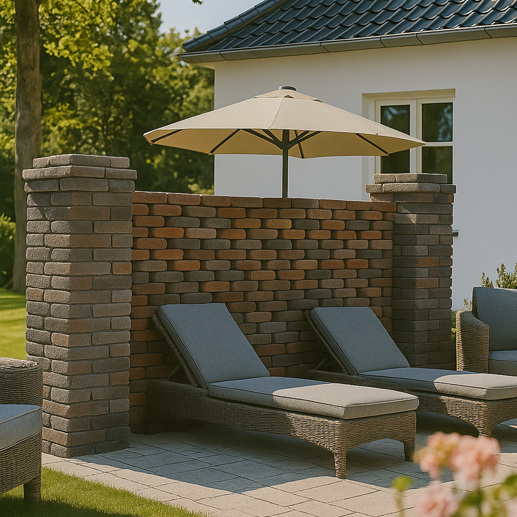 Hello Brick Sichtschutz Brickscreen Säule und Sichtschutz Brickscreen auf einer Terrasse mit Liegen in rotblaubunt