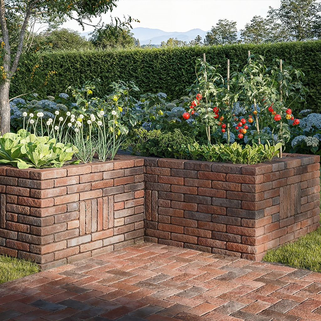 Anwendungsbild von Hello Brick Hochbeet Basil quadratisch und rechteckig in rotblaubunt