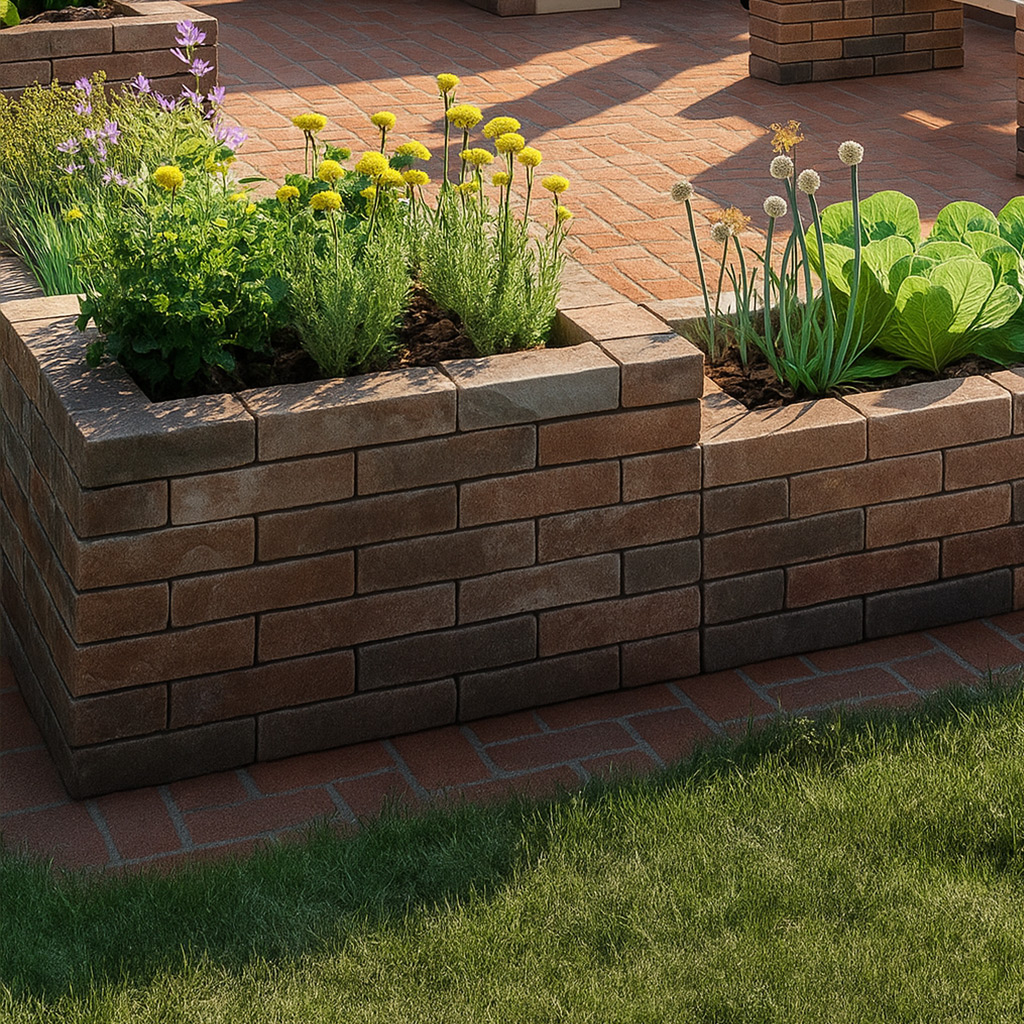 Anwendungsbild von Hello Brick Pflanzbeet Zinnia quadratisch und rechteckig in rotblaubunt